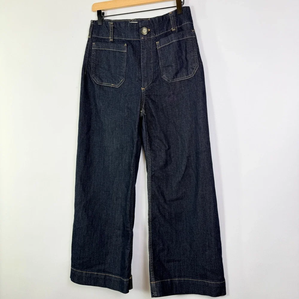 Maeve High Waisted Wide Leg Patch Pocket Denim Jeans Dark Wash Retro Style - Picture 8 of 10